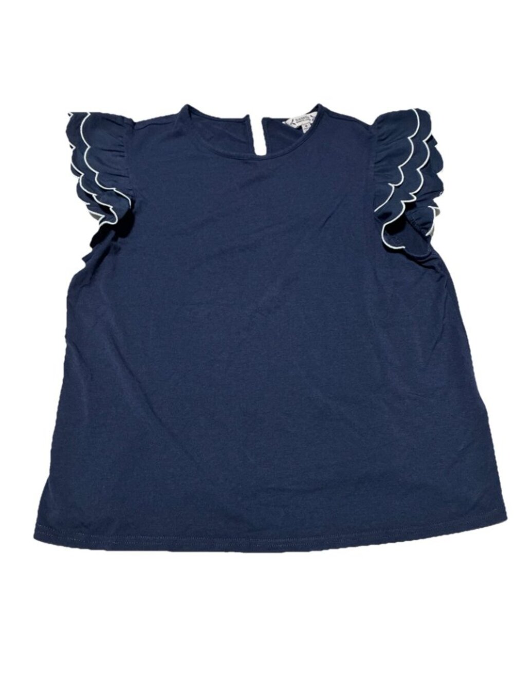 Nanette Lepore Women M Navy Blue Scallop Embroidered Ruffle Sleeve Knit Top